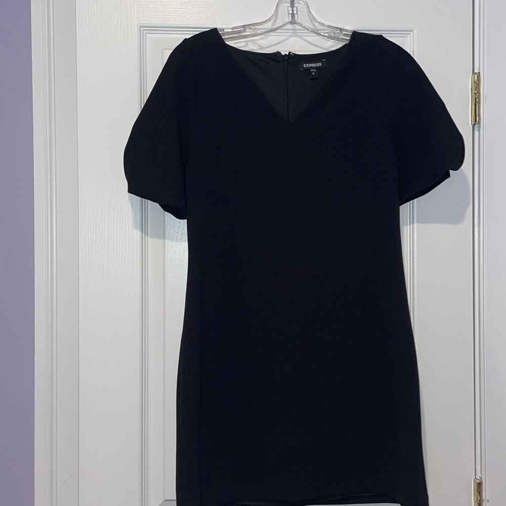 Express Short Black Dress with Puff Short-Sleeves